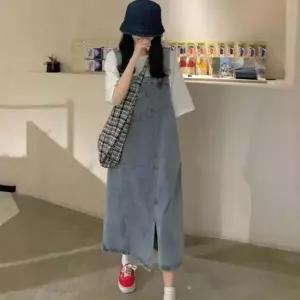 여성 유니크한 트임 언발란스 데님 롱 멜빵치마