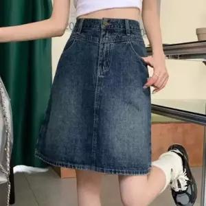 여성용 미디 데님스커트 세미 에이라인 캐주얼 청치마
