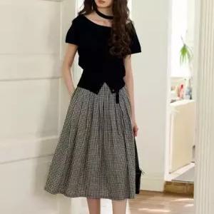 치마 여성 검정 오피스룩 춘추 앤 클래식 밴딩 체크 무난한 DUCHI1