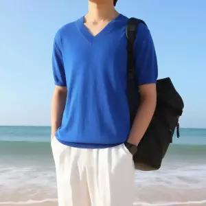 [지지블랙]시원하고 편한 루츠 린넨 브이넥 반팔 니트 티셔츠 아이스 쿨 스판 V넥 ZZB