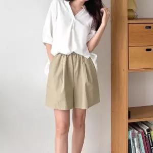 [문에이블]문에이블 봄 여름 여자 여성 데일리룩 편안한 허리 밴딩 코튼 반바지 팬츠