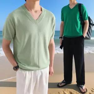 [지지블랙][1 1] 시원하고 편한 루츠 린넨 브이넥 반팔 니트 티셔츠 아이스 쿨 스판 V