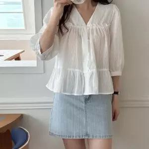 [문에이블]문에이블 여자 여성 여름 시원한 프릴 레이스 데일리 코튼 캉캉 7부 셔츠