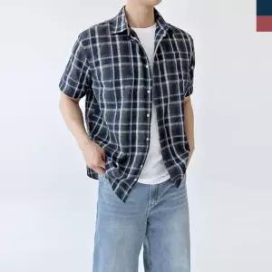 [179st]ACC SS1024M 남자 린넨 오버핏 여름 체크 반팔 남방 셔츠