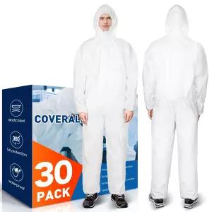 케어기 해즈매트 정장 30팩 일회용 보호 커버롤 손목 발목 후드가 탄력 있는 남녀용 헤비 듀티 전신 페인팅
