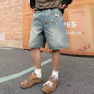 데님 하계 일자 반바지 트렌드 디스트로이드 남자데님반바지 와이드 5부 ible2
