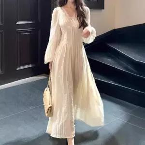 원피스 스커트 롱 여성 빈티지 가을 A라인 쉬폰 슬림핏 브이넥 프렌치 트렌디 긴팔 아이템 HT3