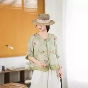 여성용 빈티지 여름 트렌디 상의 라운드 배색 프린트 반팔 루즈핏롱 아이템 모시 셔츠 HT2