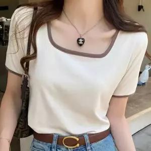 스퀘어넥 배색 슬림 냉감 골지 반팔티셔츠 NF-40