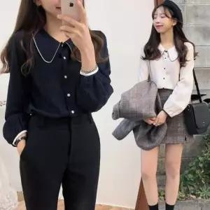 [옷은날개] 소매 카라 배색 포인트 블라우스 URK-181