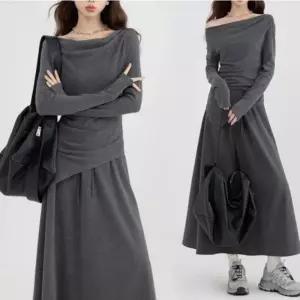 언발 롱 스커트 플레어 치마 긴팔 오프숄더 니트 세트 니트스커트 롱스커트