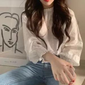 [옷은날개] 여성 봄 플리츠 소매 데이트 프릴 앤틱 긴팔 블라우스