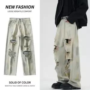 샤오원샵 바지 청 남친 캐주얼 키작남 배기핏 찢어진 트렌드 꾹1