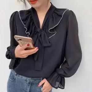 [SBD] 배색라인 긴팔 봄여름 리본 쉬폰 블라우스 프릴