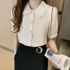 [SBD] 여름 블라우스 1P 자수 셔츠 단추 반팔 프릴카라 여성