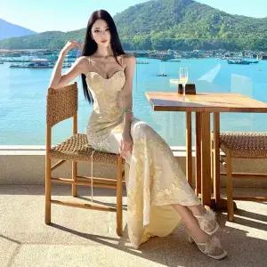 치마 봄 머메이드 힙업스커트 여성패션 생일 자수 파티 롱스커트 오프숄더 드레스 DL1