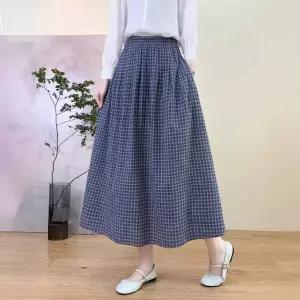 스커트 롱 면 빈티지 캐주얼 봄 밴딩 여성패션 마 A라인 체크 DL1