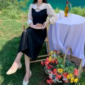 니트 자수 원피스 후드티 페미닌 나비패턴 레이어드디