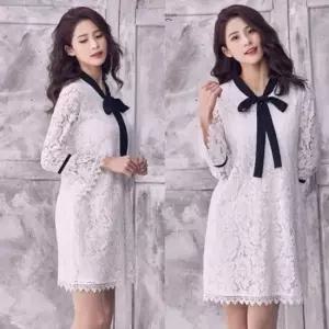 데이트룩 시스루 레이스 퍼프소매 원피스 넥리본