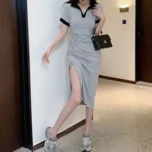 반팔 옆셔링 니트원피스 카라 미디원피스 입기 배색