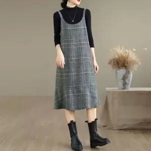 은창)빈티지 체크 모직 레이어드 뷔스티에 원피스 치마 롱원피스 가을 겨울 긴팔 여성 루즈핏