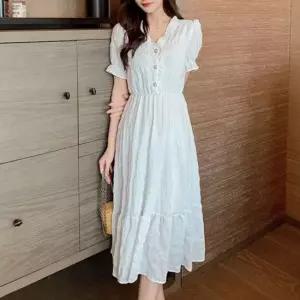 화이트 주름 청순 프릴 롱원피스 나시원피스 진주단추