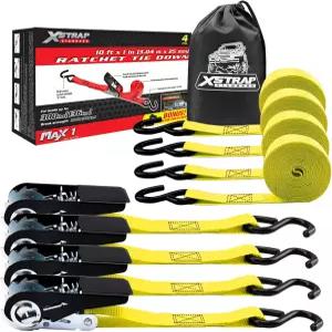 XSTRAP 표준 래칫 타이다운 스트랩 4개 10피트-300파운드 하중 캡 900파운드 UTV 픽업 트럭 이동 가전제품