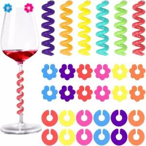 Jolbndcv 30개 실리콘 음료 마커 와인 잔 매력 샴페인 플루트 칵테일 마르티니스 3가지 모양