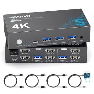 Hearvo HDMI KVM 스위치 2 모니터 컴퓨터 USB 3.0 4K@60Hz 간 듀얼 키보드 마우스 및 프린터 공유 EDID