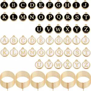 APLZGMG 60개 와인 잔 참 화이트 및 블랙 레터 비즈 52개 스템 잔용 에나멜 이니셜 음료 마커 추수감사절