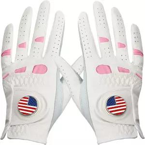 에이미 스포츠 여성 골프 장갑 왼손 오른손 볼 마커 가치 2팩 올 웨더 그립 레인 소프트 가죽 핑크 사이즈