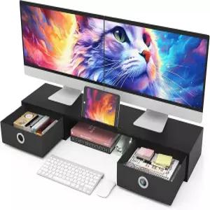 서랍 2개가 있는 WESTREE 듀얼 모니터 스탠드 라이저 2개를 위한 초대형 스토리지 컴퓨터 노트북 스크린