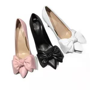 여성 리본가죽 하이힐 장식 가을 레오파드힐 가죽 구두 양가죽 데일리 둥근코구두 일반