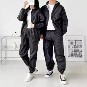 [옷자락]남자 여자 바스락 블랙 후드 점퍼 바지 상하의 세트