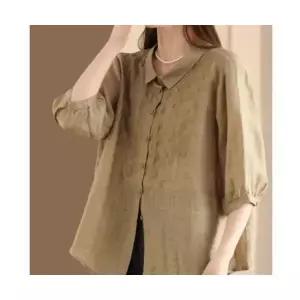 피콜로 여자 데일리룩 셔츠 무지데님 앤티크 의상 빈티지 자수 모시 블라우스 칼라 반팔 린넨 KUK2