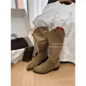 야무치 여성용 브라운 롱 데일리룩 신발 롱부츠 통굽 V라인 슬림 부츠 라이더 스웨이드더미 미들 KUK3