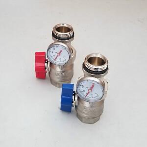 호환 바닥 난방 물 분리기 황동 볼 밸브 온도계 빨간색과 파란색 나비 알루미늄 핸들 1 세트