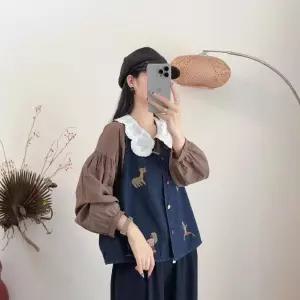 타노스여자 데일리룩 조끼 캐주얼 데님 가을 캐릭터 자수 나시 아우터 민소매 브이넥 상의 트렌드 KUK3