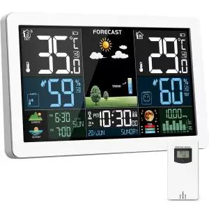 기상 관측소 무선 실내 실외 원격 센서가 있는 온도계 가정용 컬러 디스플레이 디지털 일기 예보 습도 원자