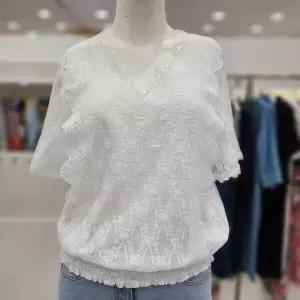 조이너스 브이넥 레이스 시스루 반팔 여성 숏 티셔츠DU5WRB0530US 1187974