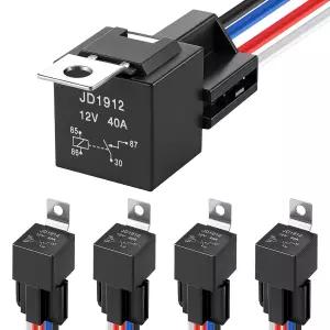 4팩 4핀 12V 릴레이 키트 헤비 듀티 12AWG 및 컬러 코딩 와이어 하네스 소켓이 장착된 40AMP 12볼트 자동차