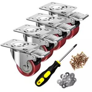 2인치 캐스터 휠 세트 4개 ASHGOOB 레드 폴리우레탄 PU 및 브레이크 헤비 듀티 산업용 잠금 회전식 상판