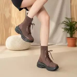 [다잇템]여성 끈있는 발목 부츠 두꺼운굽 스웨터 워커 (47361445)