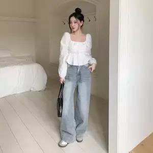 [하프클럽/]여자 리본 벌룬소매 허리 스모킹 블라우스