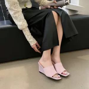 여자 여름 MN 웨지힐 샌들 아우터 가죽 복고풍 웨지 힐 슬리퍼 스퀘어 스트랩 하이 토슈즈 인기2