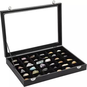 히피웨 록 컬렉션 전시 케이스 36 그리드 박스 블랙 벨벳 주얼리 트레이 투명 뚜껑 PU 가죽 크리스탈