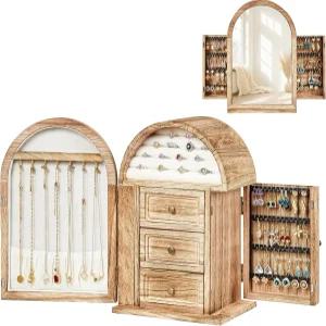 포일루 보석함 정리함 솔리드 우드 보관 목걸이 반지 귀걸이 팔찌와 거울 및 서랍 여성을 위한 크리스마스