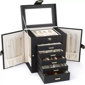 켄달 주얼리 박스 목걸이 팔찌 반지 시계용 6단 보관 정리함 10.2 x8.2 x6 클래식 블랙 PU 가죽 5 서랍