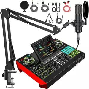 라이브 사운드 보드 오디오 믹서가 포함된 팟캐스트 마이크 번들 PC/폰 스트리밍 노래 게임 보이스 체인저