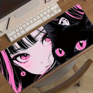 게임용 마우스 패드, 애니메이션 검은 고양이 눈 설정, 게이밍 키보드, 긴 컴퓨터 책상 매트, 대형 러그,